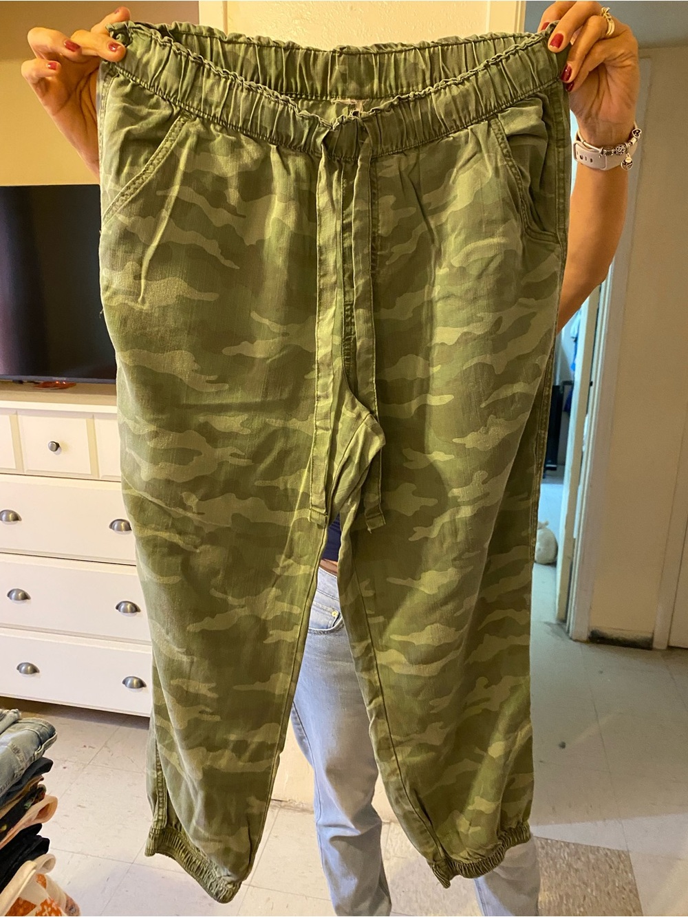 Olive Green Camo Elastic Waist Joggers